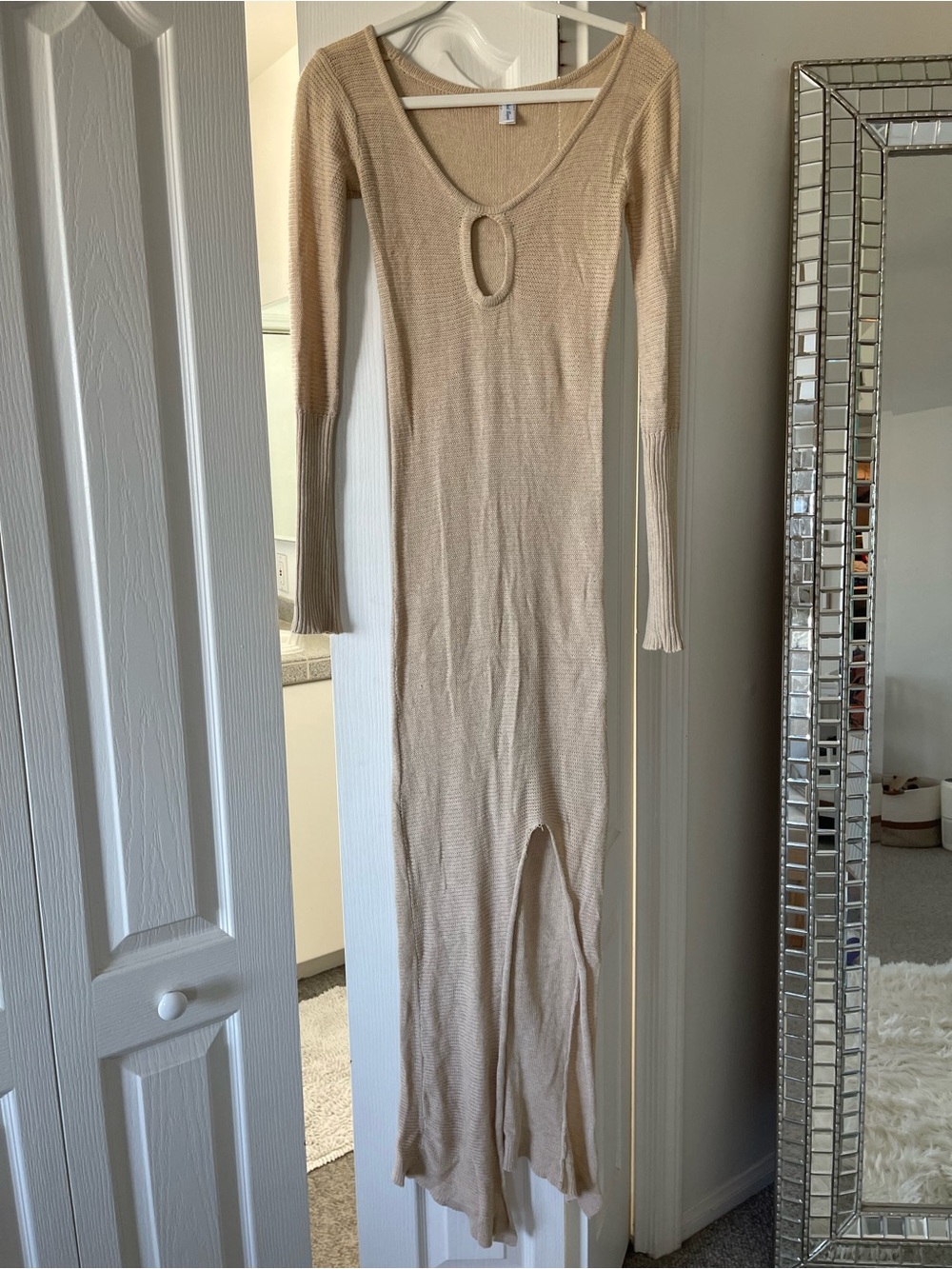 Andi Bagus Beige Long Sleeve Ribbed Maxi Dress with Keyhole